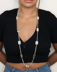 Long Pewter Squares and Gems Necklace