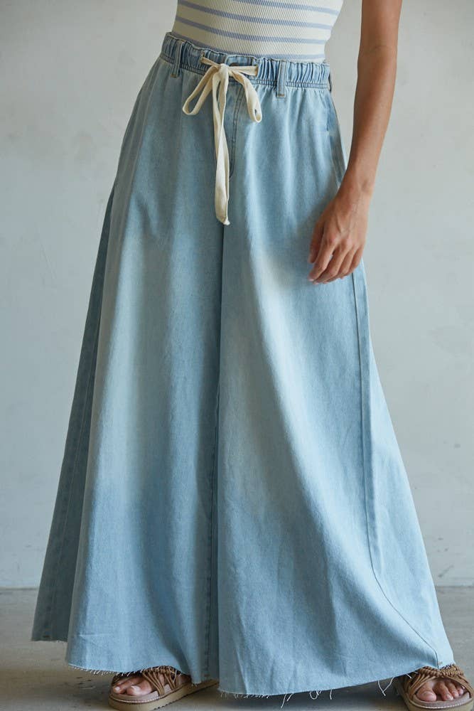 By Together BD283 | Denim Drawstring Waist Band Wide Leg Pants