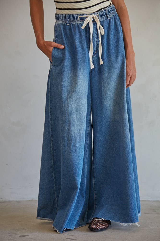 By Together Dark Denim / L BD283 | Denim Drawstring Waist Band Wide Leg Pants