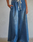 By Together Dark Denim / L BD283 | Denim Drawstring Waist Band Wide Leg Pants