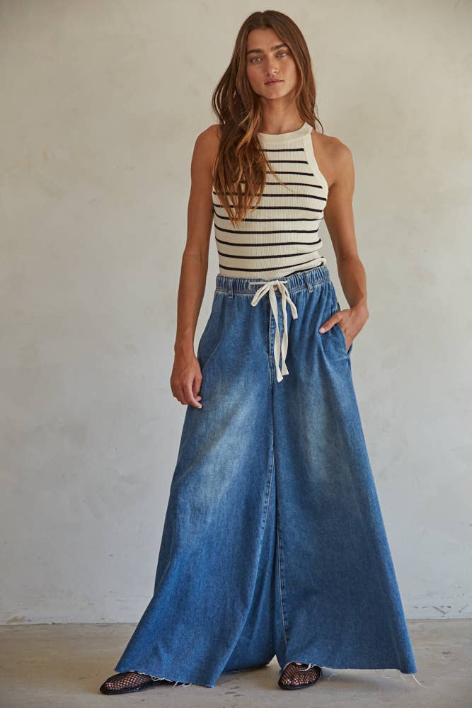 By Together Dark Denim / M BD283 | Denim Drawstring Waist Band Wide Leg Pants