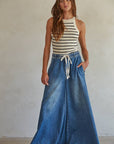 By Together Dark Denim / M BD283 | Denim Drawstring Waist Band Wide Leg Pants