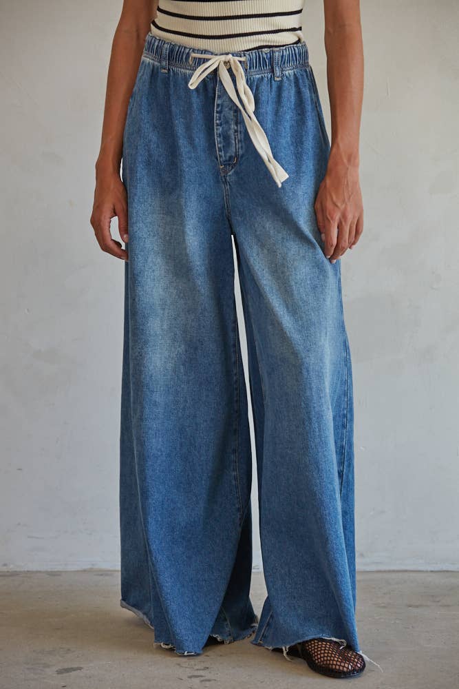 By Together Dark Denim / S BD283 | Denim Drawstring Waist Band Wide Leg Pants