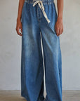 By Together Dark Denim / S BD283 | Denim Drawstring Waist Band Wide Leg Pants