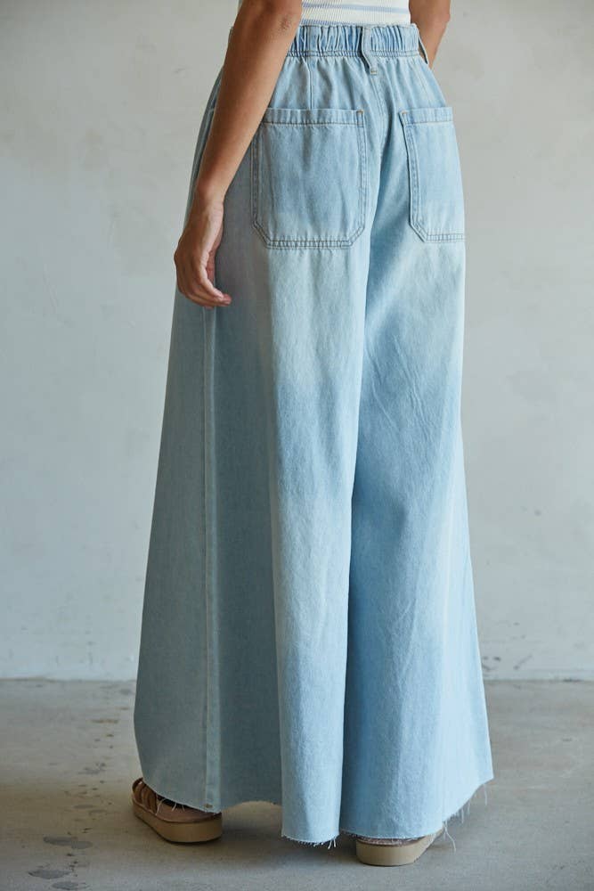 By Together Light Denim / L BD283 | Denim Drawstring Waist Band Wide Leg Pants