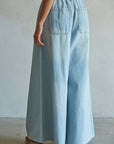 By Together Light Denim / L BD283 | Denim Drawstring Waist Band Wide Leg Pants