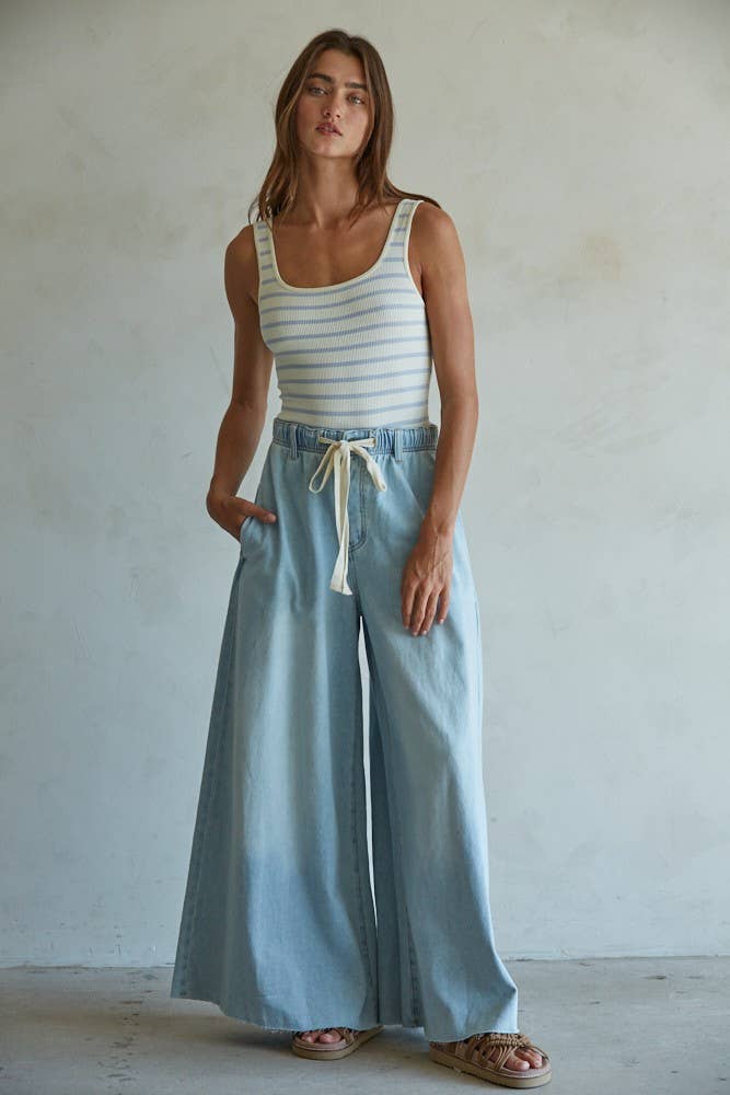 By Together Light Denim / M BD283 | Denim Drawstring Waist Band Wide Leg Pants