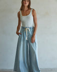 By Together Light Denim / M BD283 | Denim Drawstring Waist Band Wide Leg Pants