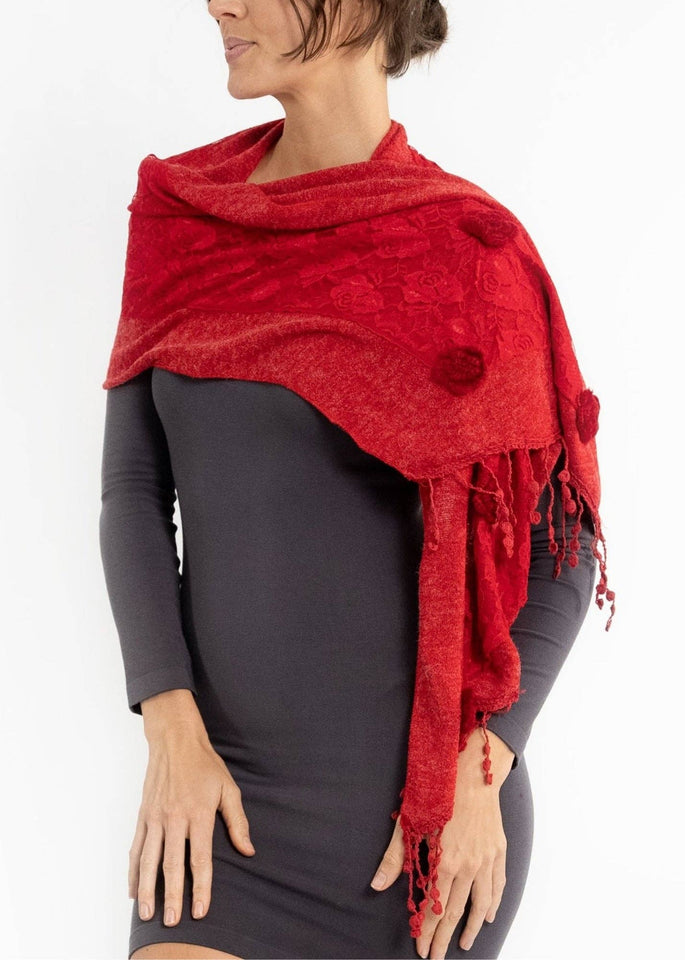 ELIETIAN Red Dainty Detail Lace Scarf