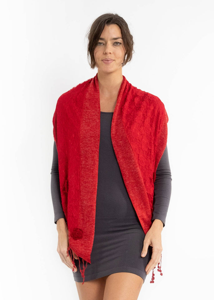 ELIETIAN Red Dainty Detail Lace Scarf