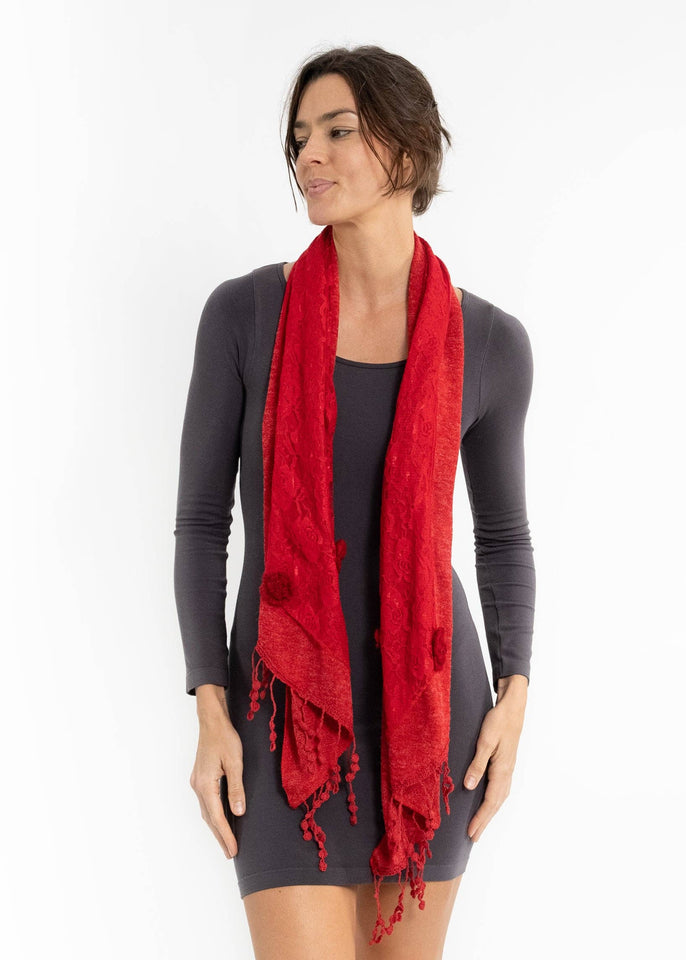 ELIETIAN Red Dainty Detail Lace Scarf