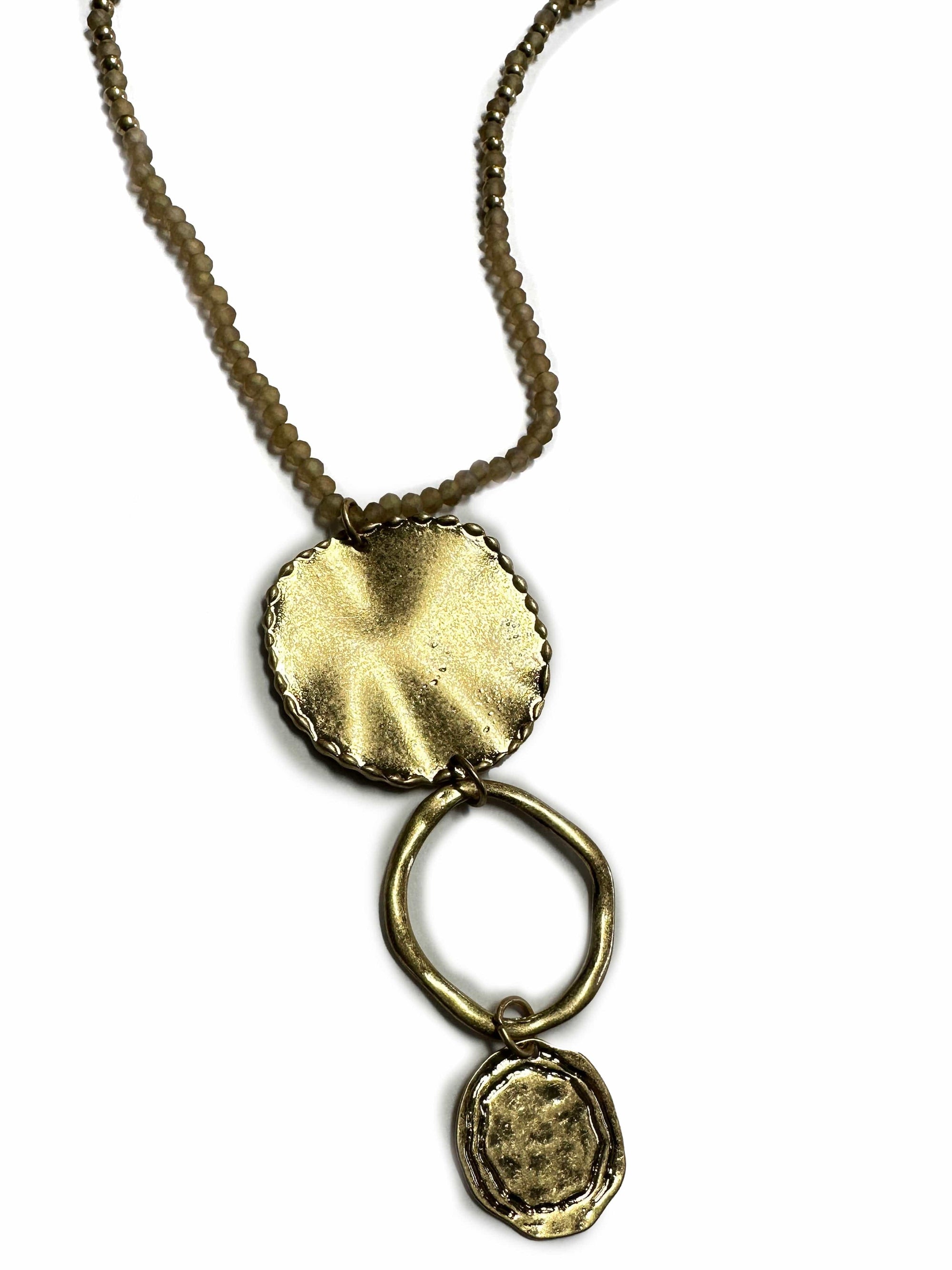 Haystacks jewelry Beaded Pendant Necklace with Hammered Gold Tone Pendant