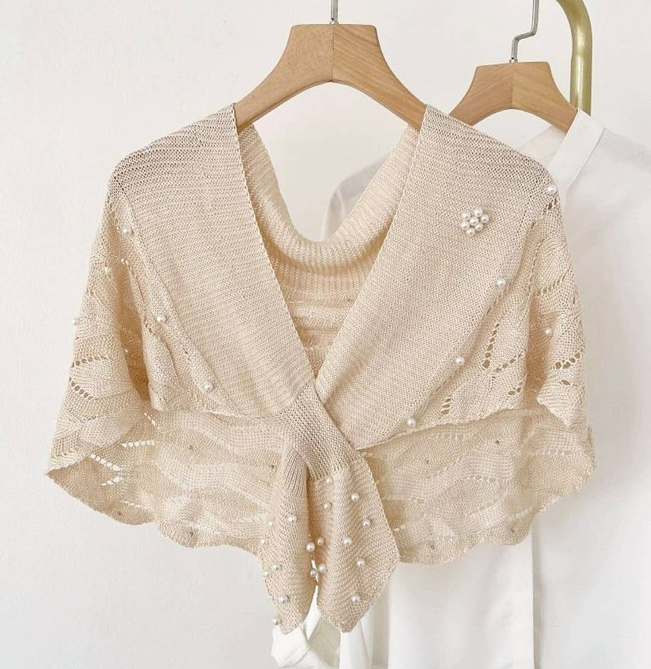 JC Sunny Fashion Beige Pearl-Detailed Shoulder Cover-Up/Capelet