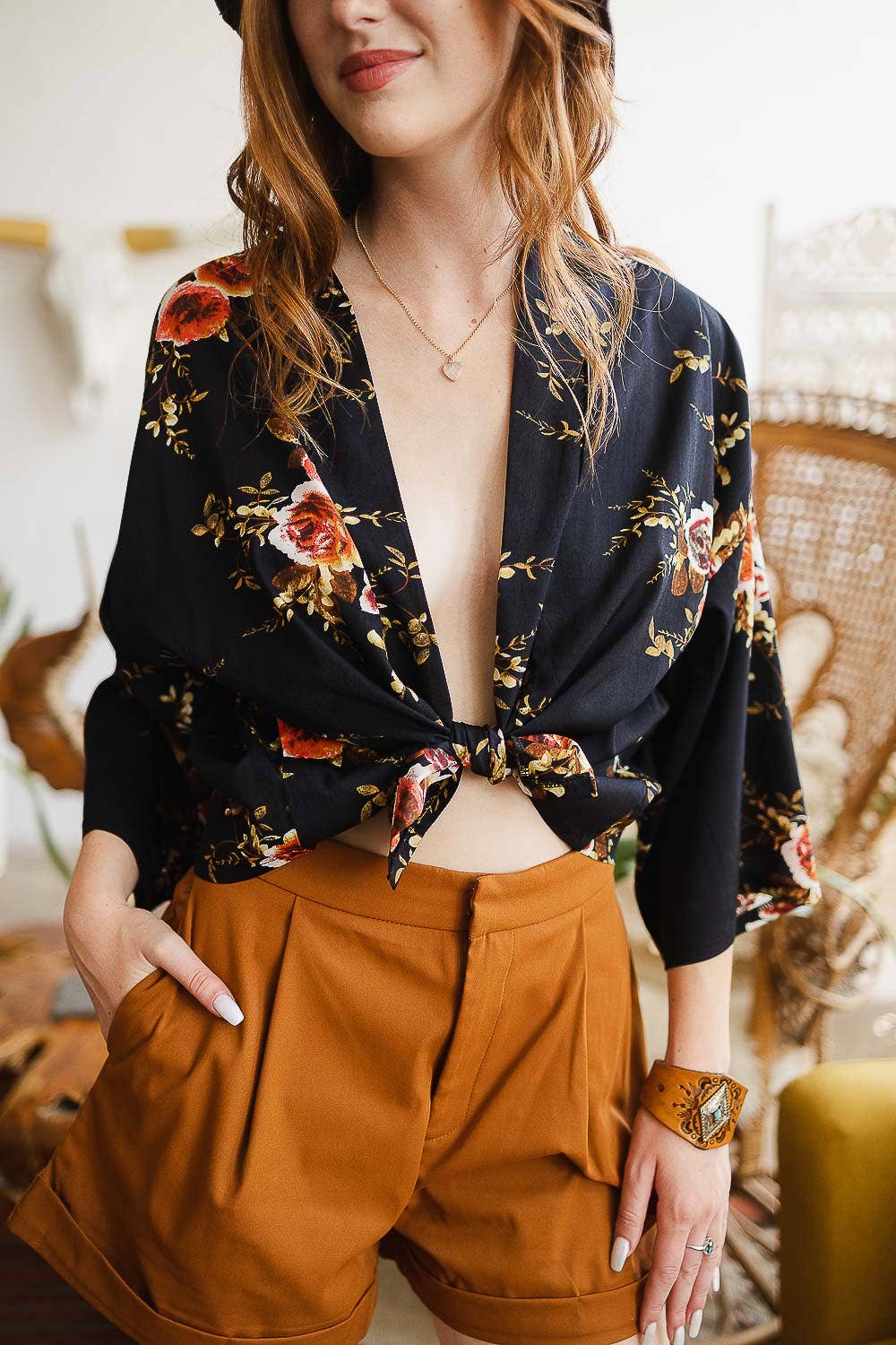 Leto Accessories Navy Lush Rose Short Summer Kimono