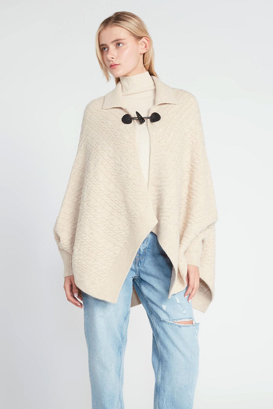 Look by M Sweater Duffle Toggle Cable Knit Open Front Sweater