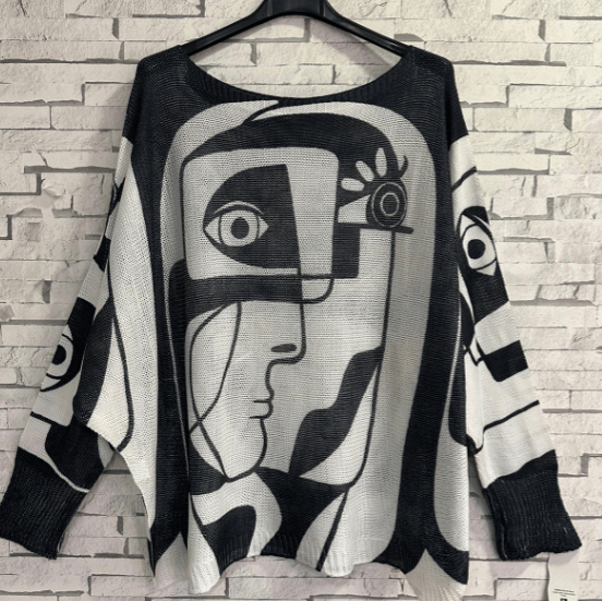 LOOWIE One Size Black Picasso Style Printed Sweater LOOWIE