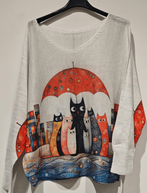 LOOWIE POCATR Cat Umbrella V-Neck Knit Printed Sweater LOOWIE