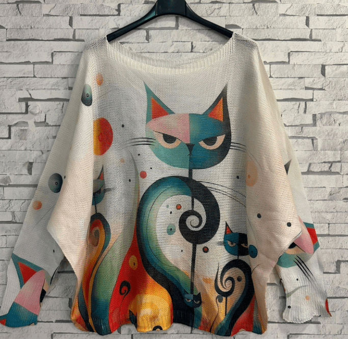 LOOWIE Sweater Cream Cat Round Knit Printed Sweater LOOWIE