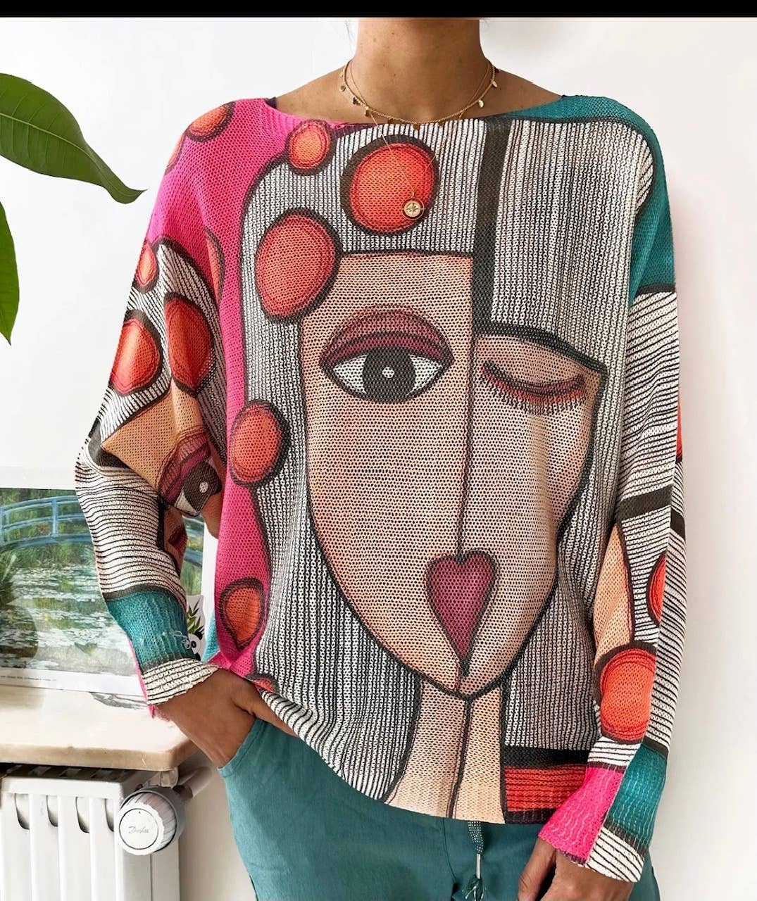 LOOWIE Sweater One Size Pink Picasso Style Printed Sweater LOOWIE