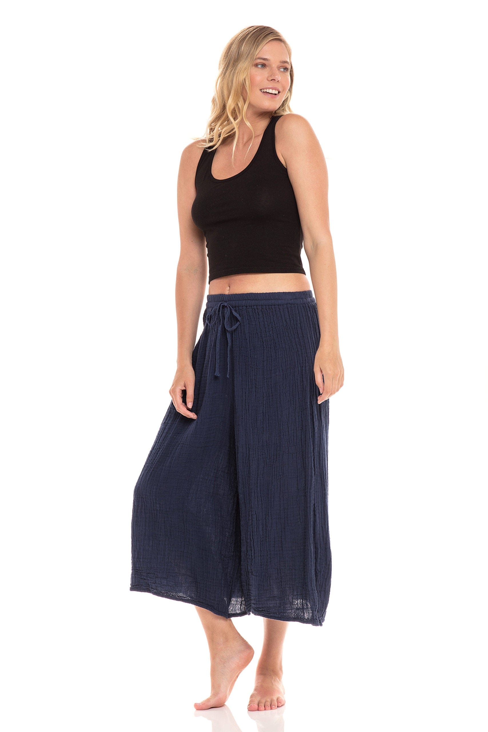 Nusantara Pant Thai Cotton Drawstring Flood Pants - Navy