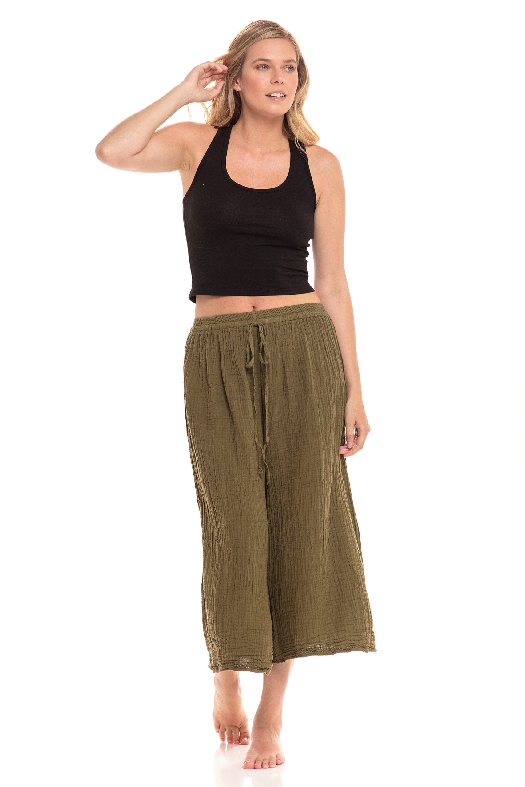 Nusantara Pant Thai Cotton Drawstring Flood Pants - Olive