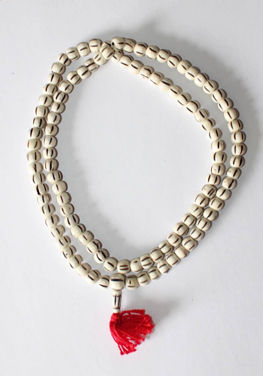 Tika Necklace Carved Bone Mala- Light Striped