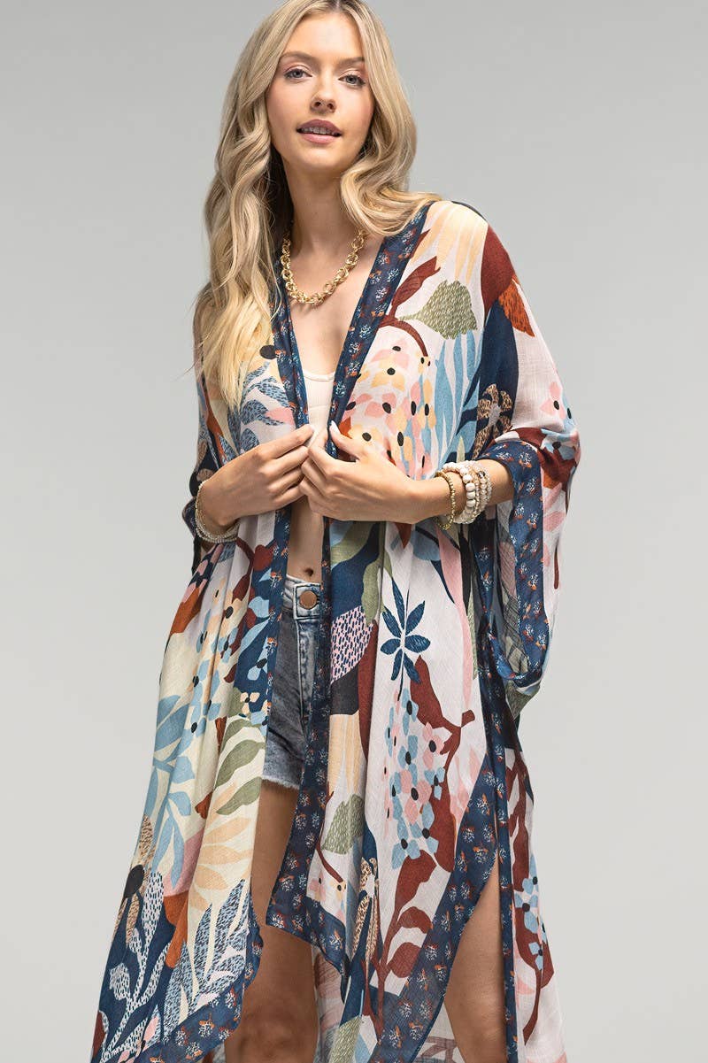 Urbanista Kimono BEIGE/NAVY Botanical Floral Kimono