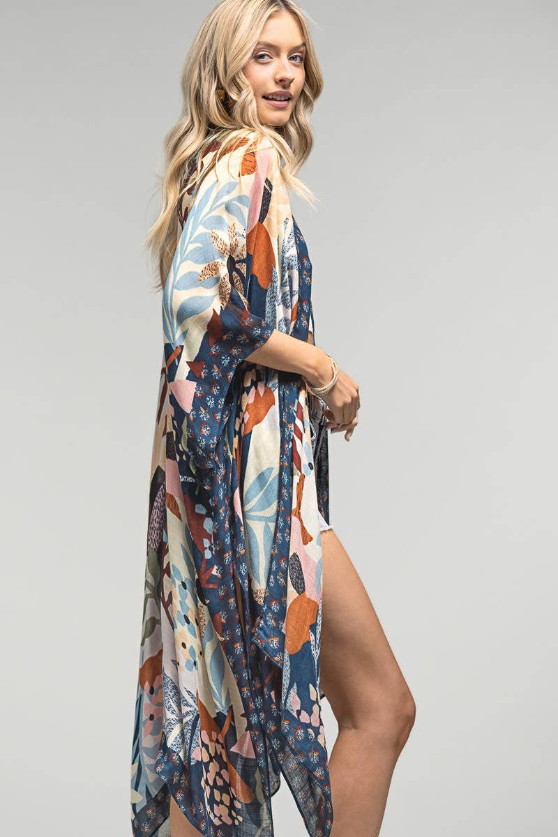 Urbanista Kimono BEIGE/NAVY Botanical Floral Kimono