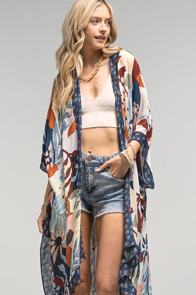 Urbanista Kimono BEIGE/NAVY Botanical Floral Kimono