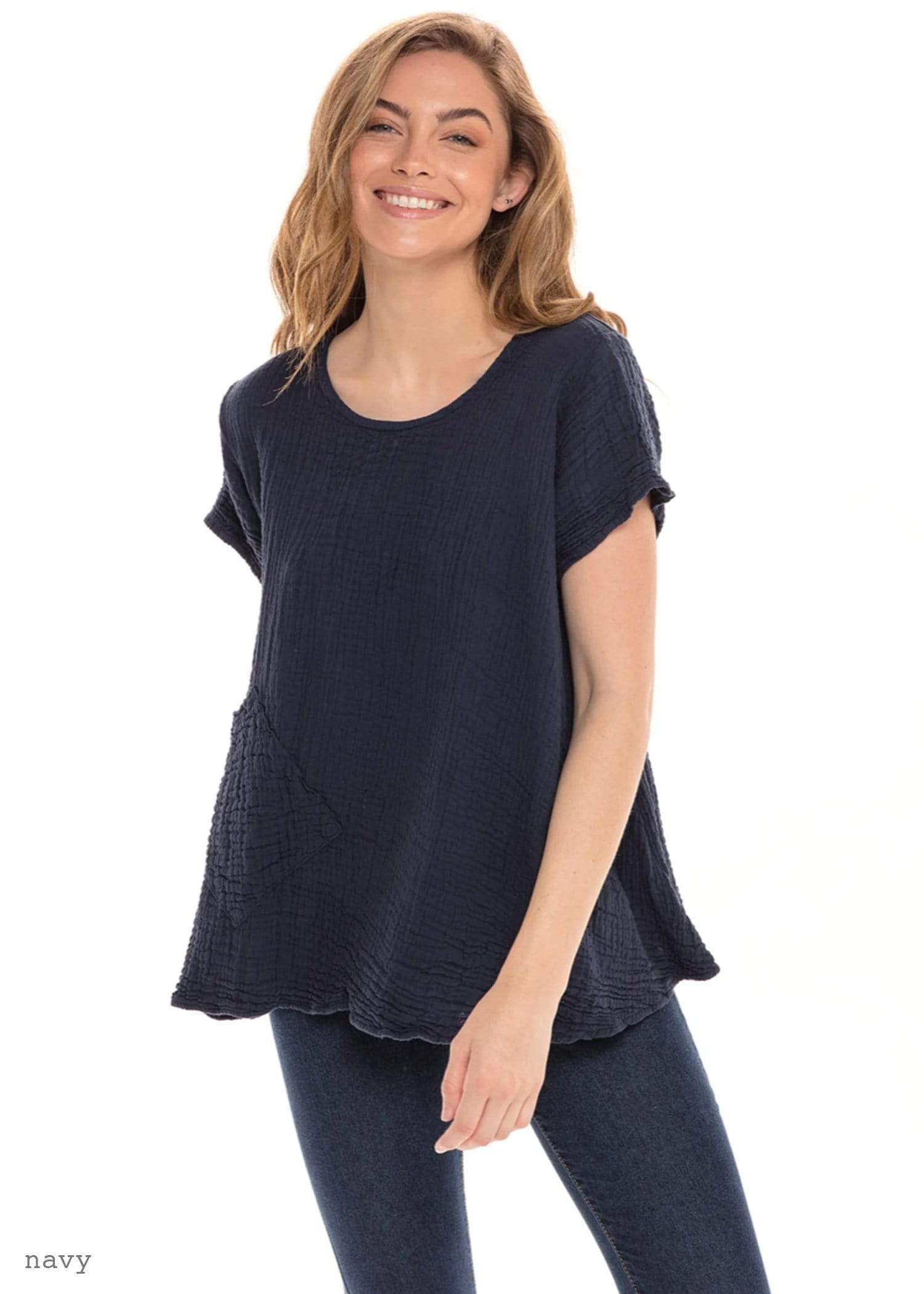 Nusantara top Navy / Small/Medium Thai Cotton One Pocket Boxy Top