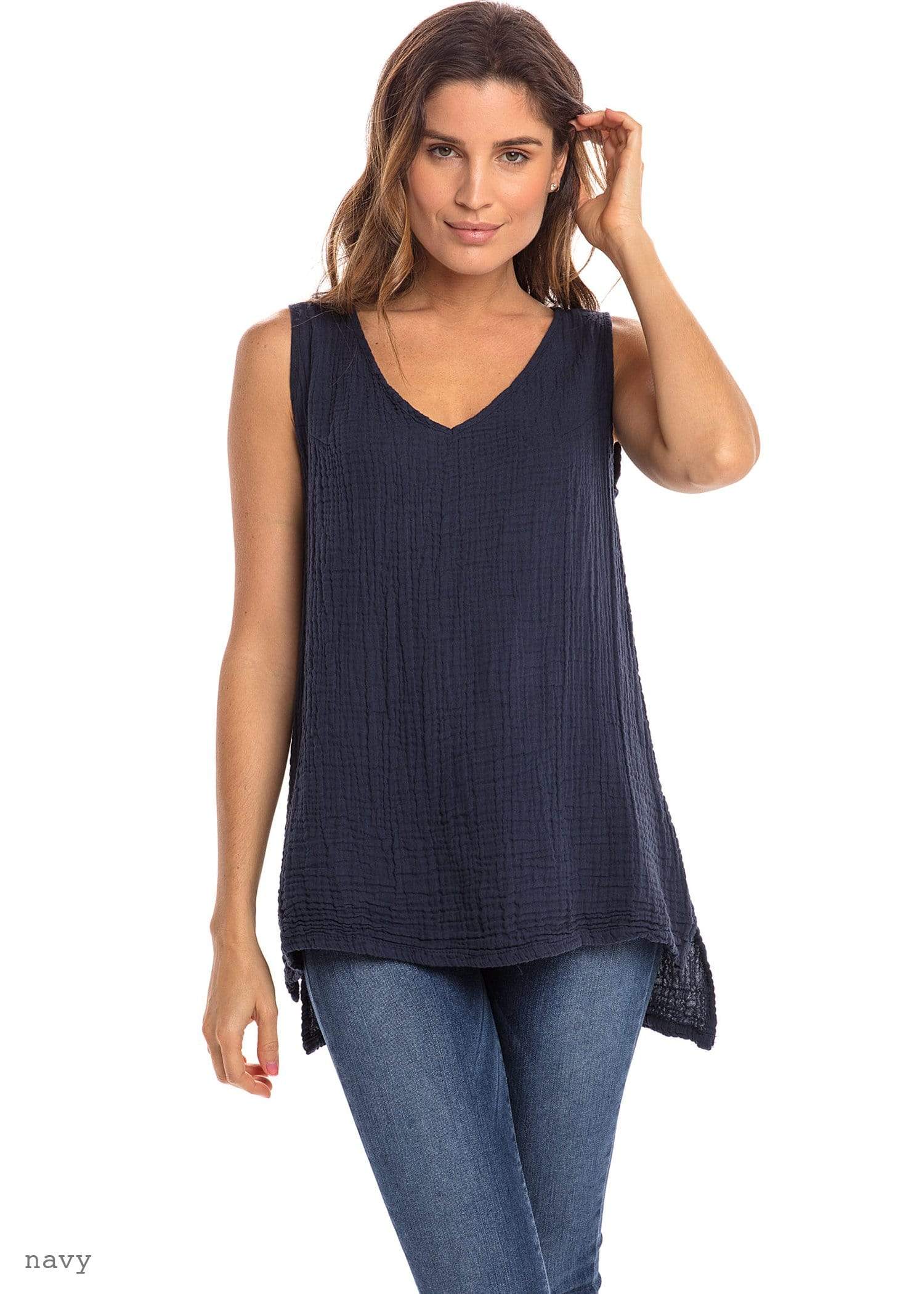 Nusantara top Navy / Small/Medium Thai Cotton V-neck Tank