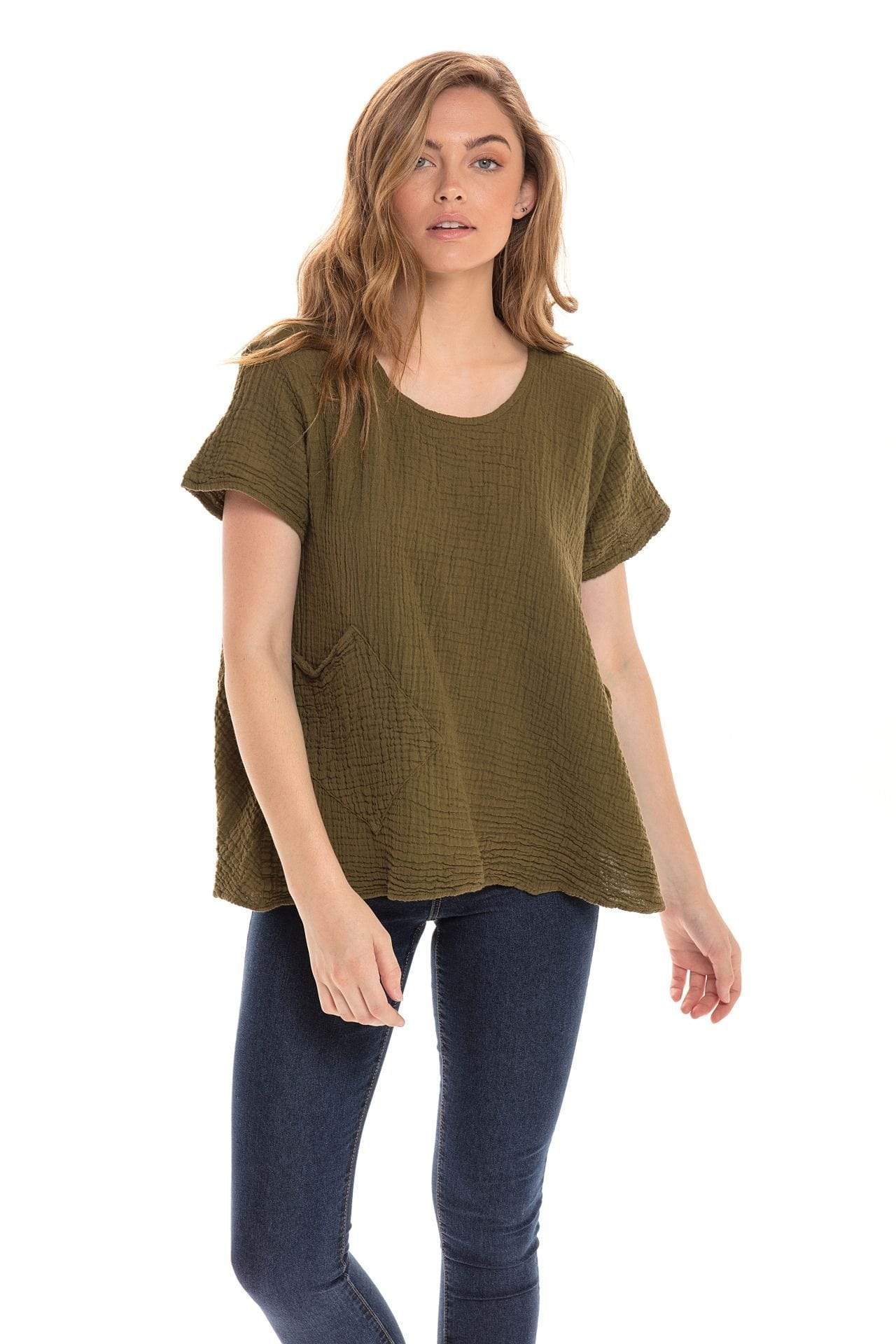 Nusantara top Olive / Small/Medium Thai Cotton One Pocket Boxy Top